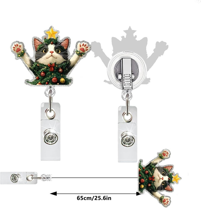 NSSHEL Christmas Badge Reel Retractable Cute Little Cat Badge Holder Funny ID Card Badge Reels with Alligator Clip Christmas Kitten Badge Reels for Women Doctor Nursing Student Teacher CNA RN Worker Gifts - Image 4